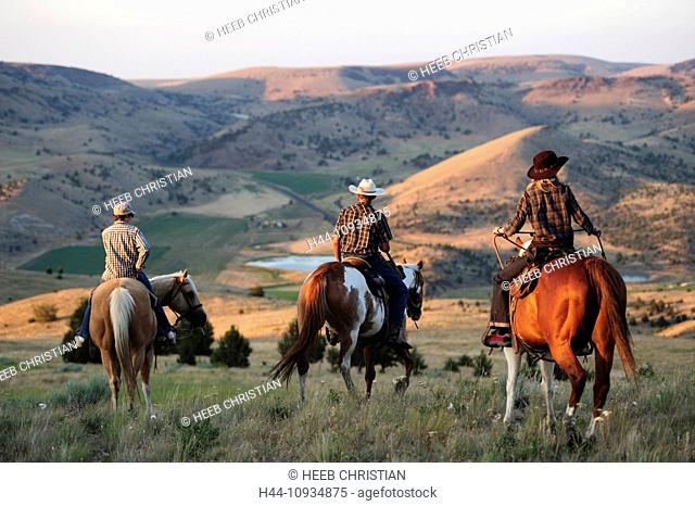 Pacific Northwest, Oregon, USA, United States, America, riding, horseback, sport, horse, ranch, cowboy, cowgirl, girl, woman, grass, green, back, valley, range
