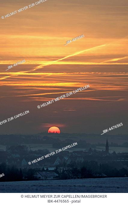 Sunset over a village, Eckental, Middle Franconia, Bavaria, Germany