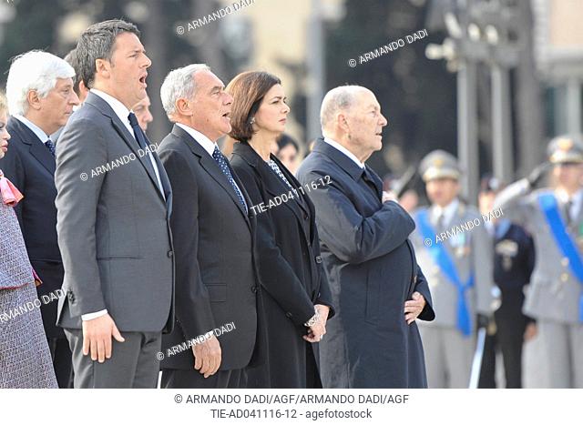 (from left ) Italian Prime Minister Matteo Renzi, President of Senate Pietro Grasso, President of Chamber of Deputies Laura Boldrini during the Ceremony for Day...