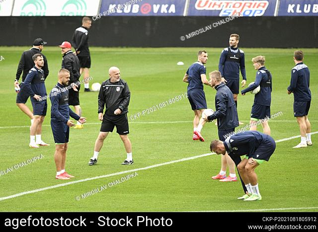 Coach of Viktoria Plzen Michal Bilek (centre) in action during the training session prior to European Conference League 4th qualifying round