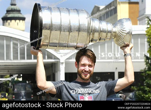 Pavel Francouz, Czech ice hockey goalie of NHL team Colorado Avalanche, shows Stanley Cup during meeting with fans in his native Pilsen, Czech Republic