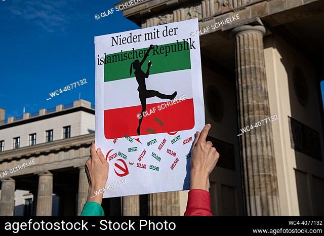Berlin, Germany, Europe - Demonstration in front of the Brandenburg Gate against the violation of human rights by the Islamic Republic of Iran and to honour the...