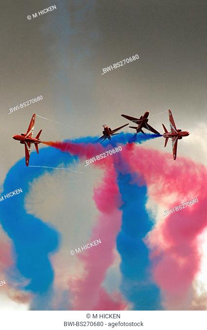 aerobatic squadron in the sky jetting smoke in the colours of the Union Jack, United Kingdom, Scotland