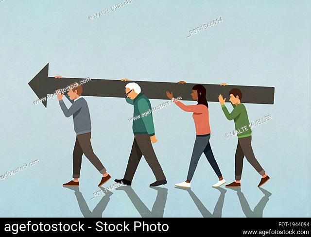 Multiethnic community carrying large arrow