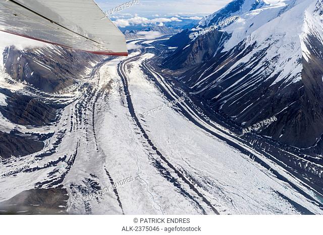 Aerial of the Muldrow glacier winding out from Mount McKinley, Interior Alaska