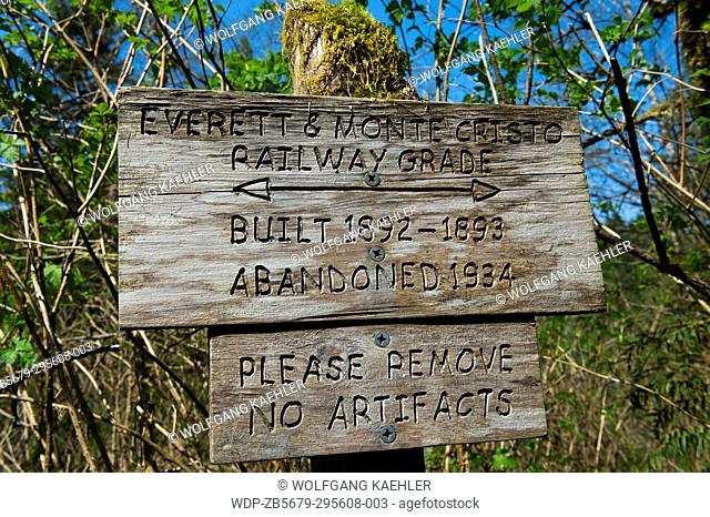 One of the signs on the Lime Kiln Trail near Granite Falls, Washington State, USA, which is partially carved out of the Everett & Monte Cristo railroad grade