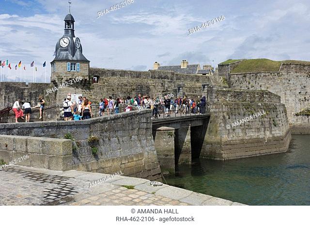 The Belfrey and Causeway entrance to the old walled town of Concarneau, Southern Finistere, Brittany, France, Europe
