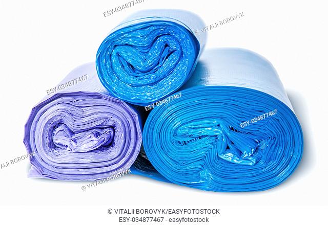 Three rolls of plastic garbage bags top and front view isolated on white background