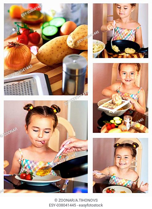 Collage of a cute little girl cooking at home