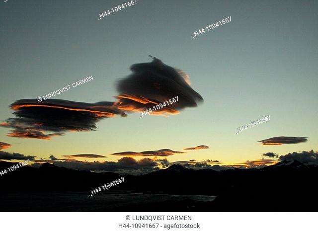 Chile, South America, Patagonia, Torres del Paine, Torres, sky, clouds, cloud, lenticular clouds, lenticular, sunset, nature