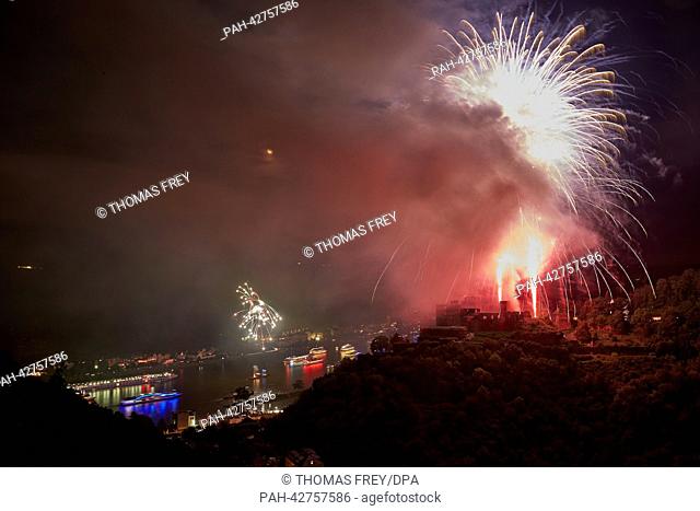 The large firework spectacle 'Rhein in Flammen' (lit: Rhine in Flames) from Rheinfels Castle in St. Goar, Germany, 21 September 2013