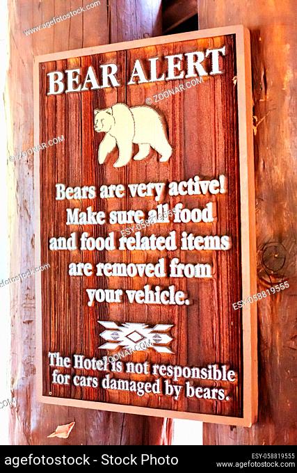 Yosemite, USA - October 14th 2016: Bear warning sign at Ahwahnee Hotel in the center of Yosemite Valley in California, USA