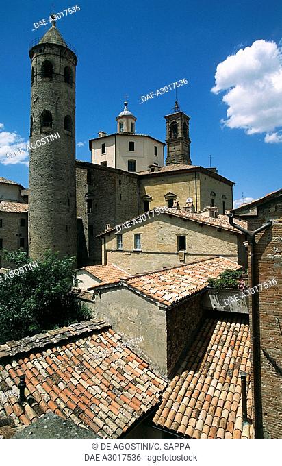 View of roofs and the cylindrical bell tower (11th-12th century) of the cathedral, Citta' di Castello, Umbria, Italy