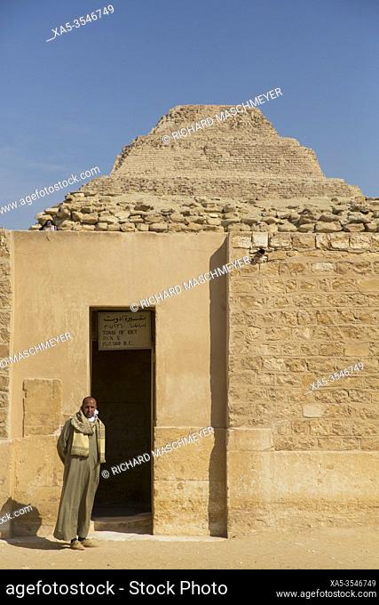 Local Man, Entrance, Mastaba of Idut, Step Pyramid Complex, UNESCO World Heritage Site, Saqqara, Egypt