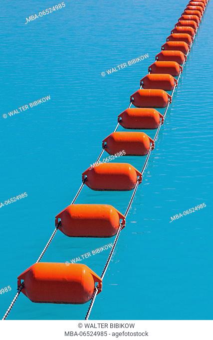New Zealand, South Island, Canterbury, Twizel, Lake Ruataniwha, floats in azure waters
