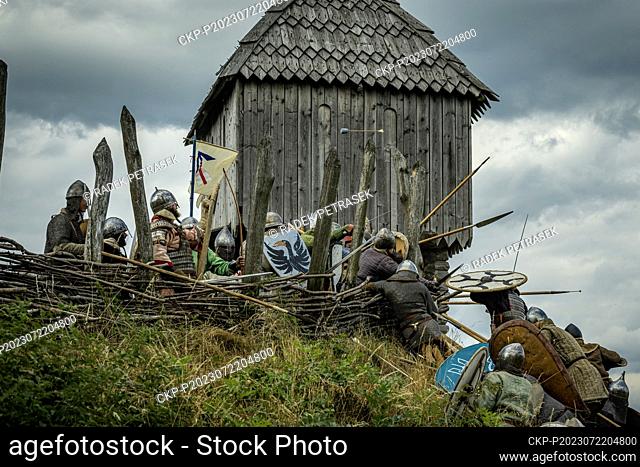 Conquesting of Curie Vitkov in Chrastava, Liberec region, Czech Republic, July 22, 2023. 200 warriors took part in the 25th jubilee festival of early medieval...