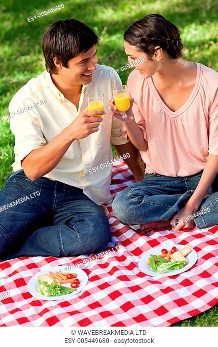 Two friends smiling as they raise their glasses of juice during a picnic