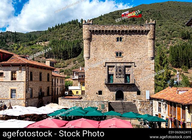 Torre del Infantado in Potes, Cantabria, Spain. Today it is the Town Hall. Old town of Potes in Picos de Europa National Park, Spain, Europe