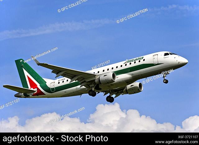 Cityliner Embraer ERJ-175STD of the airline Alitalia approaching Geneva airport, Geneva, Switzerland