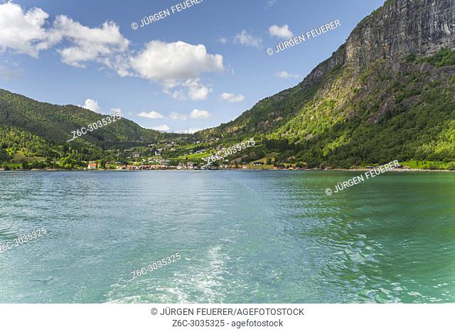 panorama of Lustrafjorden and the village Solvorn, Norway, seaside view