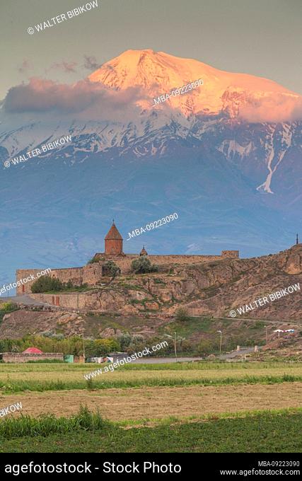 Armenia, Khor Virap, Khor Virap Monastery, 6th century, with Mt. Ararat, dawn