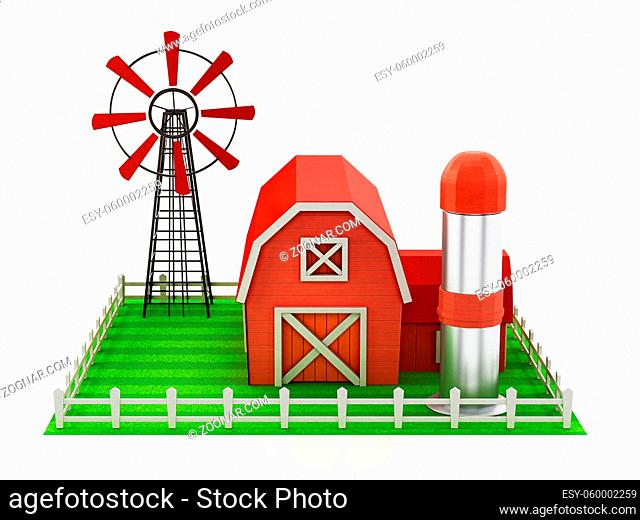 Farmhouse with windmill and silo standing on green area. 3D illustration