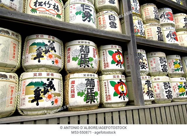 Omiki sake barrels at tsurugaoka hachimangu shrine. Kamakura City. Kanagawa Prefecture. Kanto region. Japan