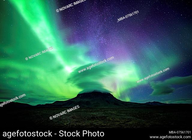 Aurora borealis and stars over wasteland, Askja, Iceland