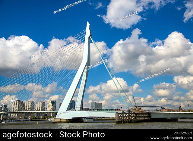 famous Swan bridge with blue sky and clouds in Rotterdam, Holland