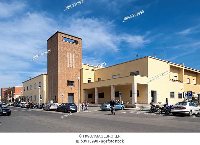 Historical party headquarters of the Italian Fascists with a tower, monumental architecture, Italian Rationalism, Sabaudia, Lazio, Italy