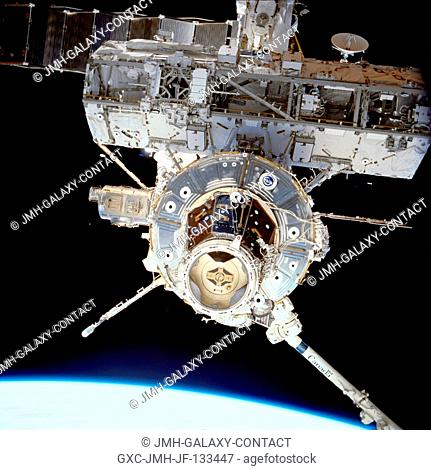 The International Space Station (ISS), newly equipped with the 27, 000 pound S0 (S-zero) truss, was photographed by one of the astronauts on board the Space...