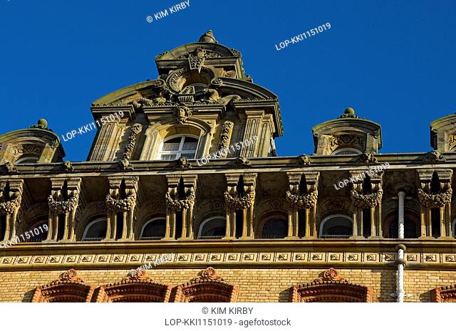 England, North Yorkshire, Scarborough, Looking up at the ornate Victorian facade of the Grand Hotel in Scarborough. Originally constructed in 1863