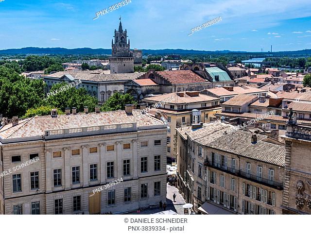 France, Vaucluse, Avignon, square of the Palais des Papes and the clock tower of the city hall