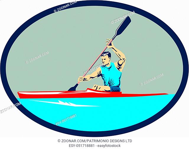 Illustration of man riding kayak racing canoe sprint paddling set inside oval shape done in retro style