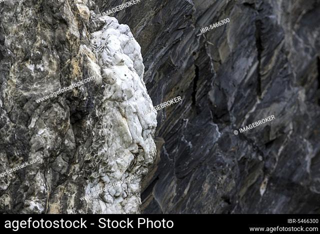 White quartz vein in rock face at Ballachulish shale quarry in Lochaber, Highland, Scotland, UK