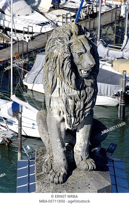 View of the lighthouse, lion in the port entrance, harbour of Lindau, Lake of Constance, Bavarians, Germany