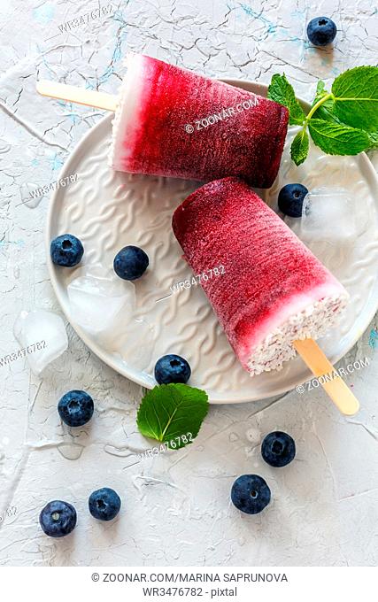 Coconut popsicles with fresh berry and green mint on white plate