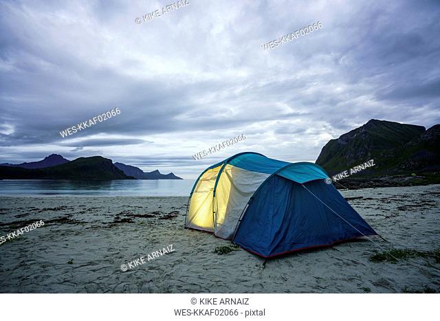 Norway, Lapland, Tent on a beach at fjord