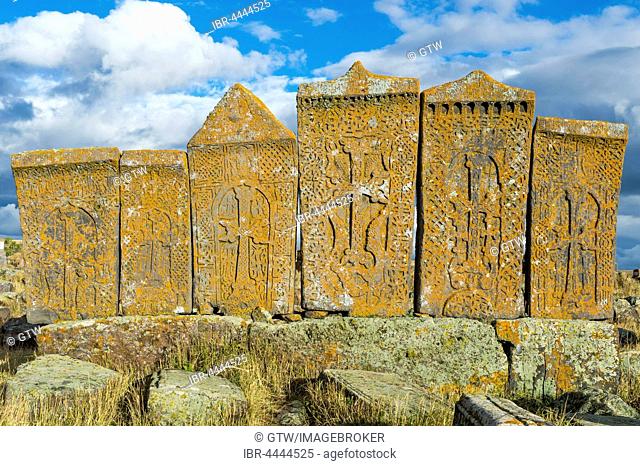 Medieval Khachkars, carved memorial stele, Noratus Cemetery, Lake Sevan, Gegharkunik Province, Caucasus, Armenia