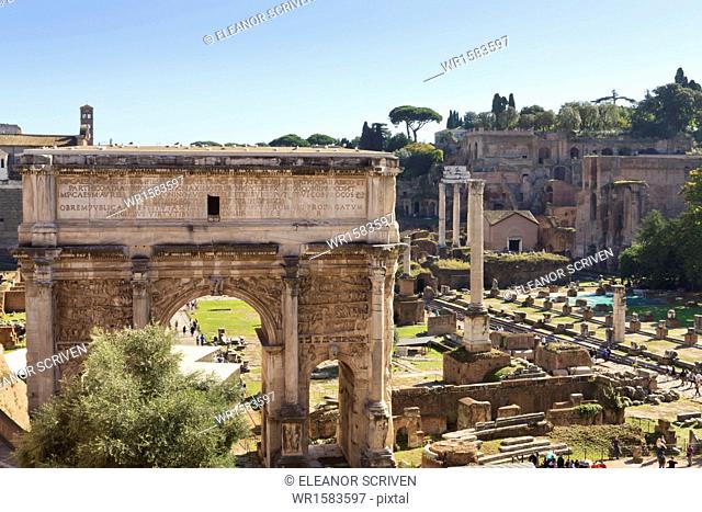 Elevated view from behind the Capitol of the Arch of Septimius Severus in the Forum, UNESCO World Heritage Site, Rome, Lazio, Italy, Europe