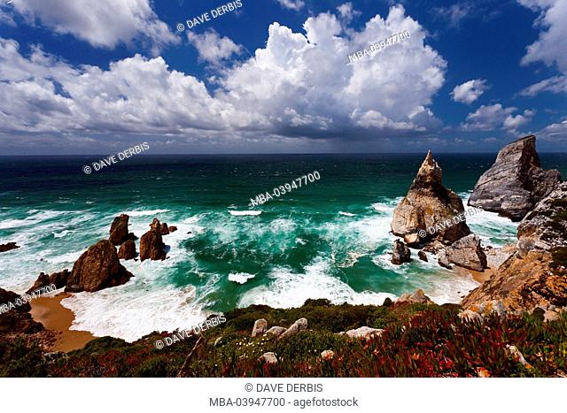 Ursa, beach, clouds, storm, sea, coast, rock, cliffs, surf, Portugal