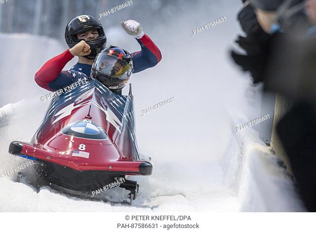 US American bobsledders Steven Holcomb and Carlo Valdes come in 2nd place in the men's doubles at the Bobsled World Cup in Schoenau am Koenigssee, Germany