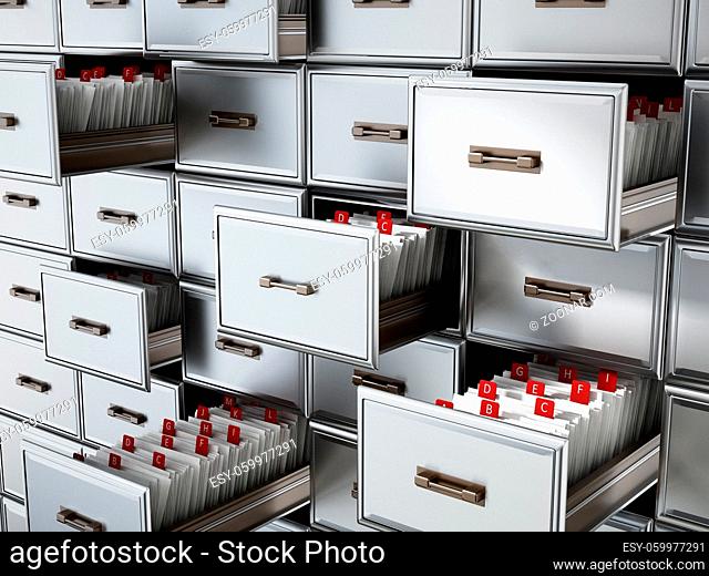 Library catalogue wooden drawer with letters. 3D illustration