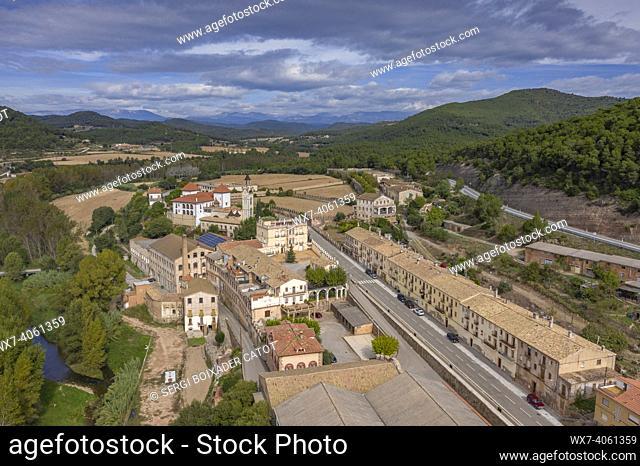 Aerial view of the textile company town of PalÃ  de Torroella, in NavÃ s (Bages, Barcelona, Catalonia, Spain)
