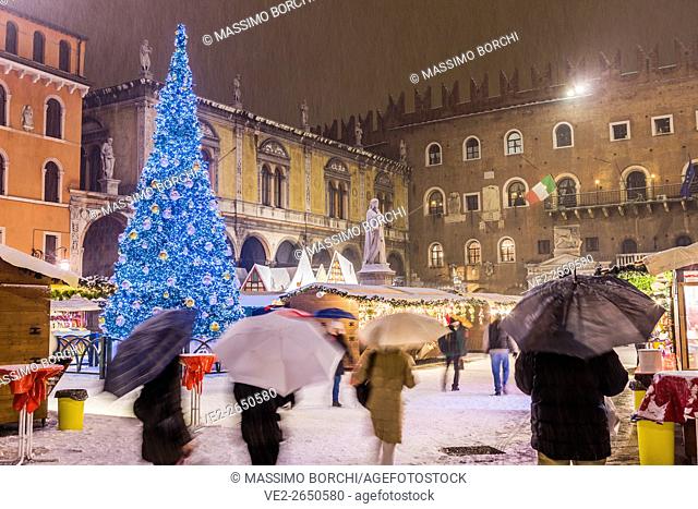 Italy, Veneto, Verona. Piazza dei Signori (also known as Piazza Dante), Christmas market and a Christmas tree during a snowstorm