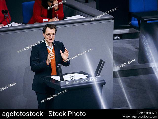 Karl Lauterbach (SPD), Federal Minister of Health, recorded during a speech at the 144th session of the 20th German Bundestag in Berlin, December 14, 2023
