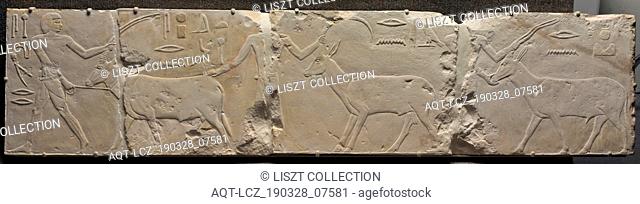 Relief of Men Bringing Desert Animals, c. 2311-2281 BC. Egypt, Saqqara, Old Kingdom, Early Dynasty 6, 2311-2140 BC. Limestone; overall: 36.5 x 161