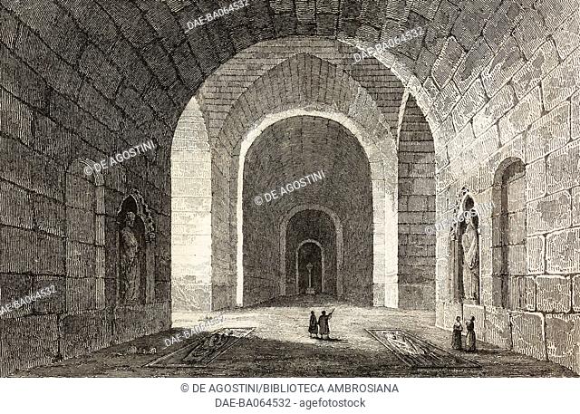 Crypte of the Abbey of Saint-Medard, Soissons, France, engraving by Lemaitre from France, premiere partie, L'Univers pittoresque
