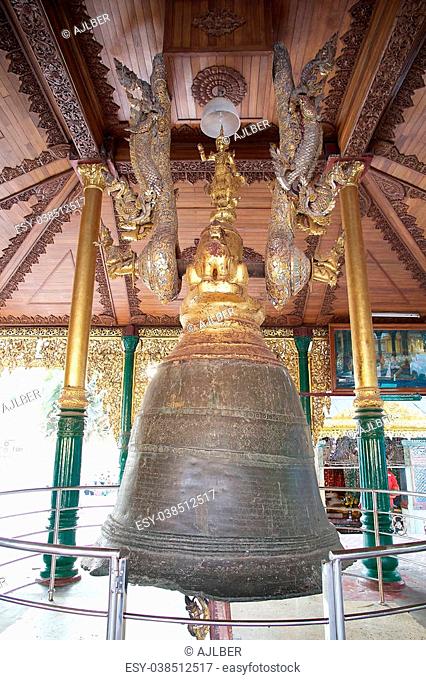 The Singu Min Bell at the Shwedagon Pagoda, a gilded stupa located in Yangon, Myanmar. It was donated in 1799 by King Singu
