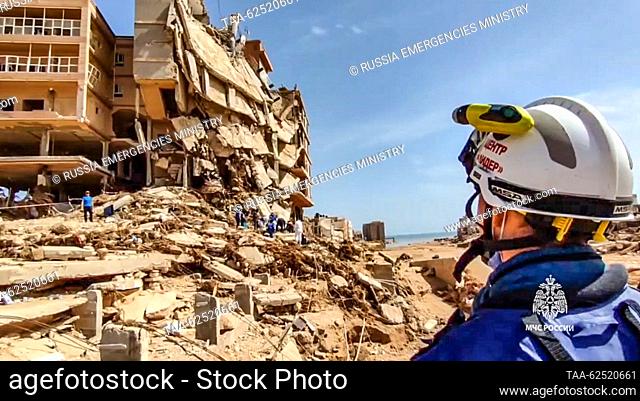 LIBYA, DERNA - SEPTEMBER 23, 2023: Employees of the Lider Centre for Special Risk Rescue Operations of Russia's Emergencies Ministry perform search and rescue...